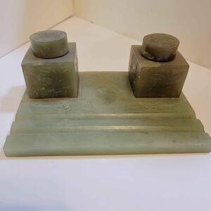 Antique Art Deco Jade Green Onyx Inkwell Desk Set Barrel Pen Rest signed
